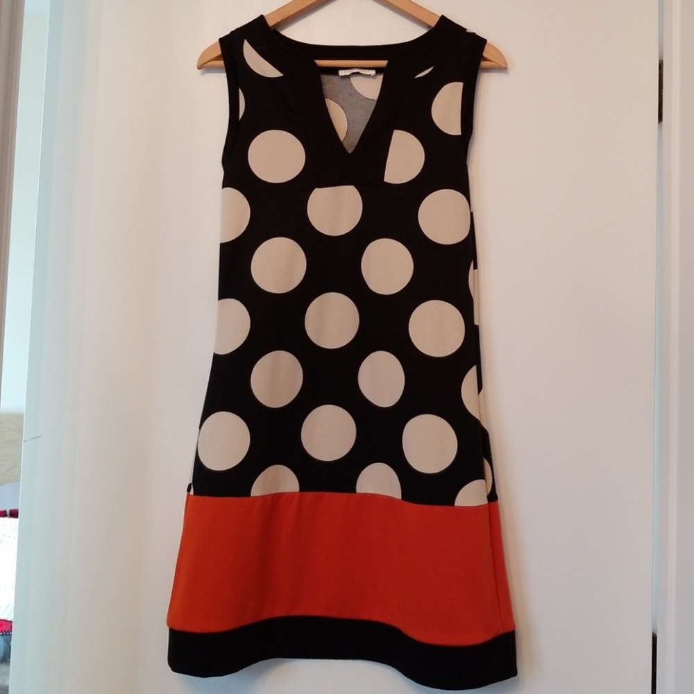 Promod Black and Cream Polka Dot Mini Dress with Orange Hem
